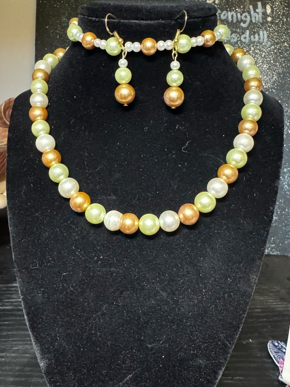 Green and Gold Pearl Bead Necklace, Bracelet & Earring Set